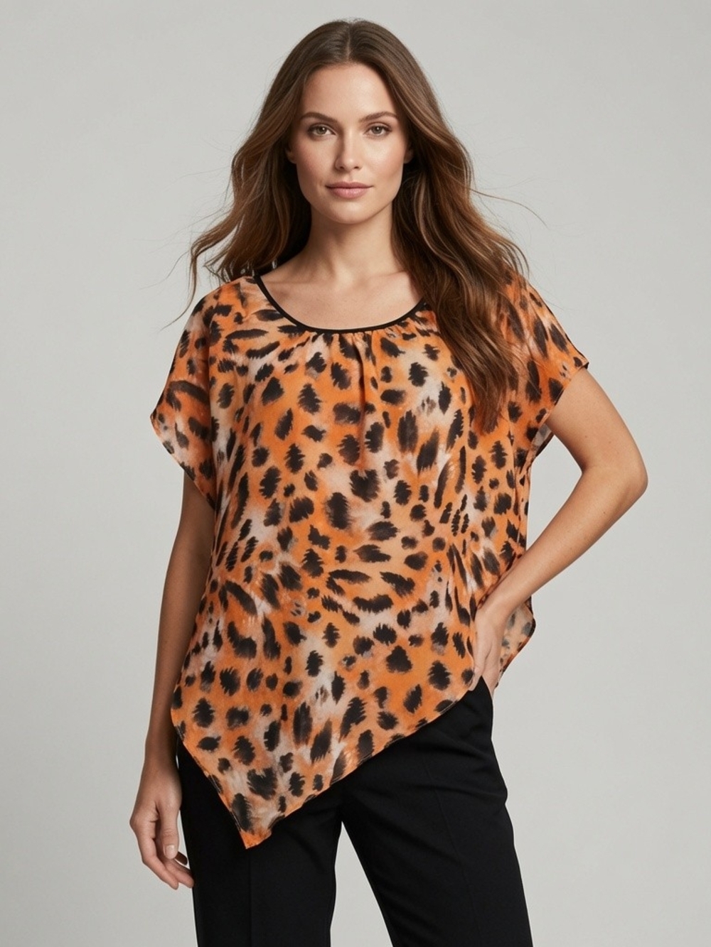 AGB Orange Leopard Print Short Sleeve Blouse